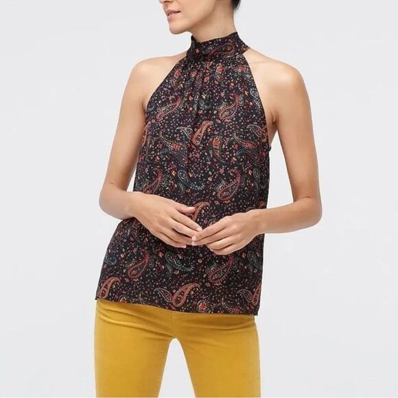 J. Crew Paisley Metallic Print Black Tie Neck Sleeveless Blouse Top- Size 2 NWTs - Picture 1 of 7